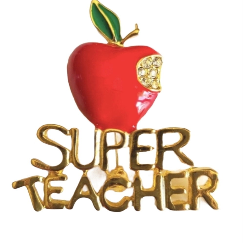 Teacher Apple Brooch  Red Gold 1.75"  lapel pin teacher gift *